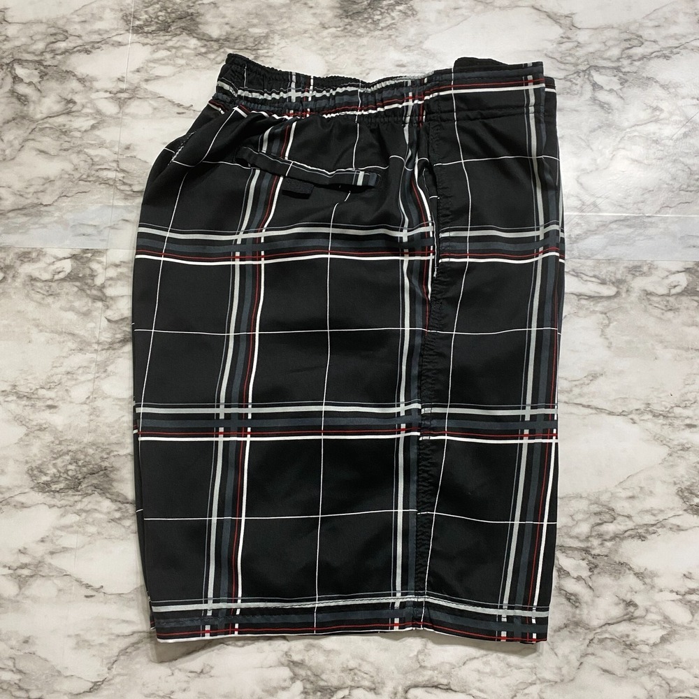 Ron Jon  Men's Board Shorts Swim Trunks L Black Plaid Drawstring‎ Elastic Waist